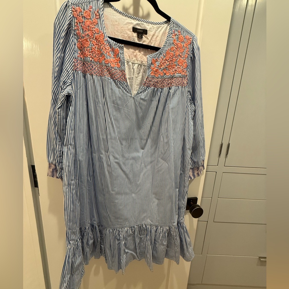 JCrew dress, stripped blue and white with peach embroidered, 100% Cotton,